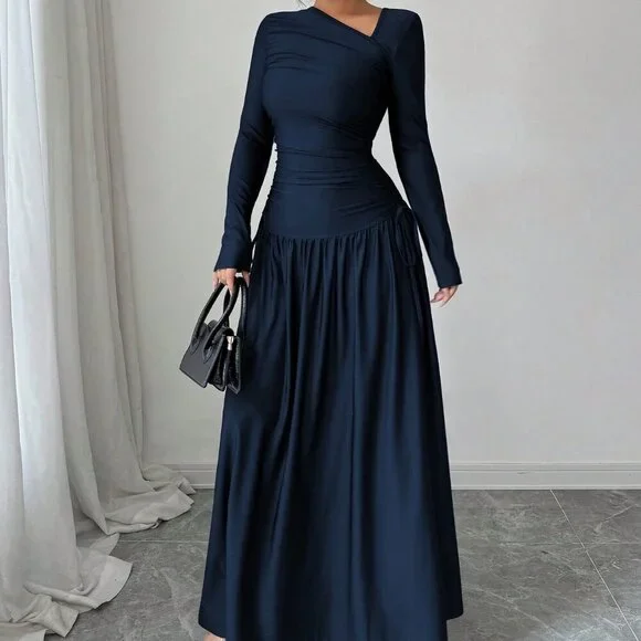 Royal Elegant Women's Oblique Collar Long Sleeve Pleated A-Line Long Dress - Picture 6 of 8